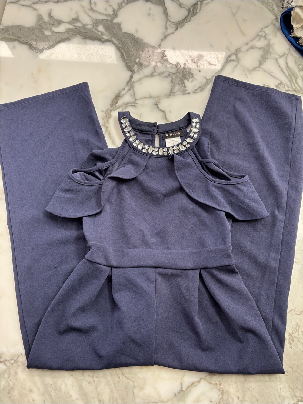 Navy Embellished Cold-Shoulder Jumpsuit